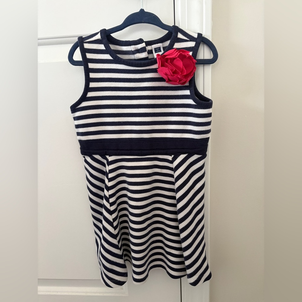 Janie and Jack Navy & White striped Toddler Dress with Hot Pink flower Size 3T